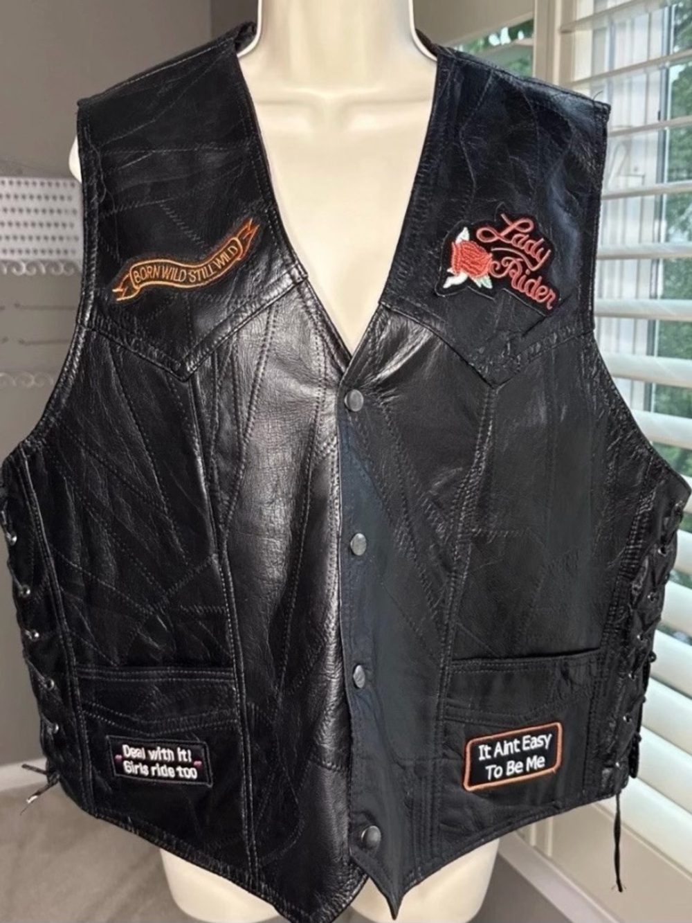 Black Leather Biker Vest with Lady Rider Patches